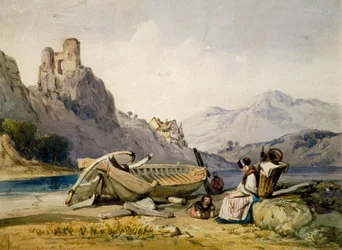 Figures and a boat on the shore of a lake, a house and ruined castle in the background