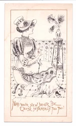 Victorian New Year Card of an Aesthetic admiring a vase of peacock feathers, c. 1881