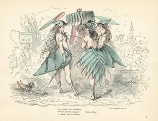 Women Dressed Only in Fig-Leaf Dresses and Hats, Holding Leaf Fans