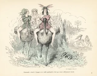 Women in animal skins and feathers riding ostriches and swans