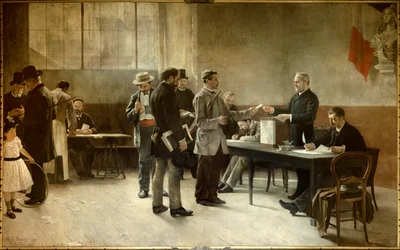 Universal suffrage. A polling station in 1891. Painting by Alfred Bramtot (1852-1894), 1891, Les Lilas, Town Hall