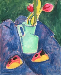 Flowers in a Green Vase on Purple Cloth