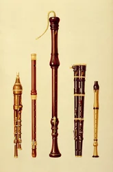 A double flageolet, a German flute, a bass recorder, a double flageolet and a recorder, from “Musical Instruments”