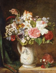 Roses, Tulips, and Other Flowers in a Porcelain Tankard on a Draped Ledge