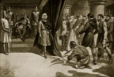 Peasants flinging down their ploughshares at the feet of Henry I, illustration from 