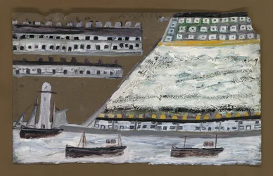Ships and lighthouse, houses