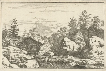 Landscape with Hut by Waterfall