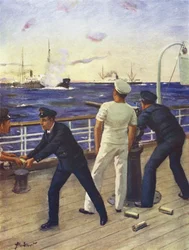 Midshipman Reginald Himbury assisting the gunners of the Clan McTavish in the fight with the German raider Moewe