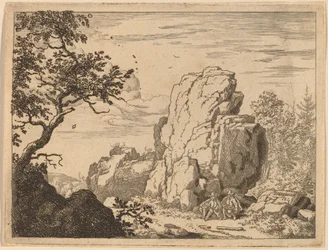 Two Men Seated at the Foot of a High Rock