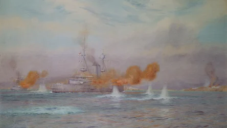 H.M.S. Albion commanded by Capt. A. Walker-Heneage completing the destruction of the outer forts of the Dardanelles in 1915, 1925