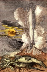 Venomous eruptions of thermal waters in the Triassic period. Creation and Living Beings. Drawing by A. Demarle. 1885
