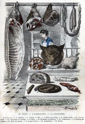 View of a cold cuts A half pork (a ham b aloyau c sides and breast) B fresh ham C smoked ham D sausages and cerevelas F hure G mortadelle de bologna H ham I pig cheese K pig feet L tongue stuffed M andouillette N boudin) (delicatessen, traditional french p