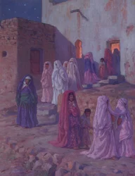 Muslims leaving the village mosque on the Eve of Mouled (illustration from a history of the life of the Prophet Mohammed)