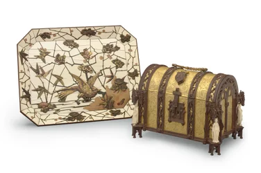 Charger, Marquetry by Ferdinand Duvinage, and Gothic Revival Jewellery Casket, Both c.1880