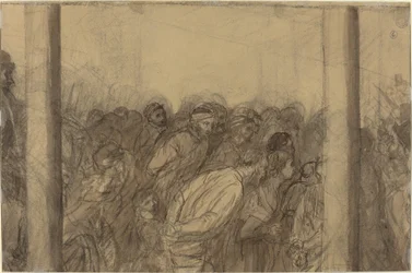 Crowd of People Seen between Two Columns