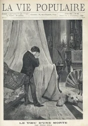 A man weeps, hiding his tears and his face in a handkerchief, standing behind the canopy of a bed, in a richly decorated bedroom, with bear skin, embroidered cushions, fan and various vases and candlesticks. Illustration by Alfons Maria Mucha