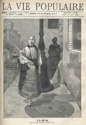 A simple and distinguished young woman, with pigtails hair, holding an umbrella, walks with confidence in the street. Behind her, a woman clothed in black and a hitch carrying barrels continue their journey. Illustration by Alfons Maria Mucha (Alphonse M