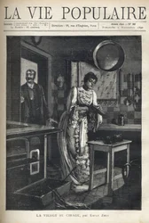 An elegant woman waxes a shoe in the kitchen of a house. A man opens the door behind her. Illustration by Alfons Maria Mucha