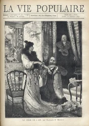 An old man surprises a gallant scene: a man kneeling in front of an elegant woman attaches a bracelet to her wrist. Illustration by Alfons Maria Mucha
