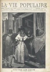 Farewell between a man and a woman getting on a train on the platform of a station. Illustration by Alfons Maria Mucha (Alphonse Marie Mucha)