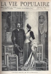 In a church, a beautiful and elegant couple stand up among candles and pray to God. Illustration by Alfons Maria Mucha
