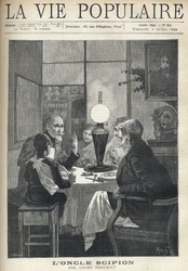 Scene of family life: around the dinner table, a family is gathered together, illuminated by an oil lamp, and listens carefully to a visiting uncle, with bright eyes and hand marking the highlights of his story. Illustration by Alfons Maria Mucha