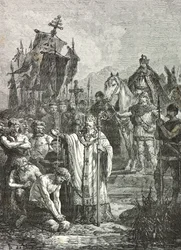 Charlemagne in 804 imposes Christian baptism on the Saxons