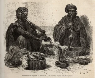 The snake charmers, engraving illustrating a voyage to India by Louis Rousselet, published in 