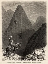 The Indians of the state of Boyaca, descending a mountain covered with grass on straw horses, consisting of a bundle of long grass on which one sits to descend the slopes at full speed, by the force of gravity alone, engraving after the drawing