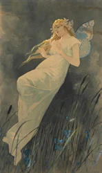 Elf with iris flowers, ca. 1886-1890
