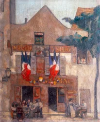 View of the Facade of the Famous Parisian Restaurant in Montmartre, with Flags at the Window and People at a Table
