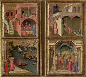 Four Scenes from the Life of St. Nicholas: St. Nicholas gives three girls their dowry; St. Nicholas elected Bishop of Mira; Resuscitating a boy strangled by the Devil; Freeing Mira from famine