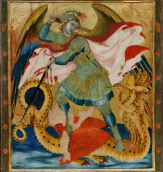 Saint Michael the Archangel slaying the dragon between Saints Benedict and Bartholomew