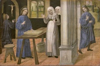 The Prayer, The Miracle of the Sieve and the Departure for Subiaco, predella panel from an altarpiece depicting Scenes from the Life of St. Benedict, 1488-95