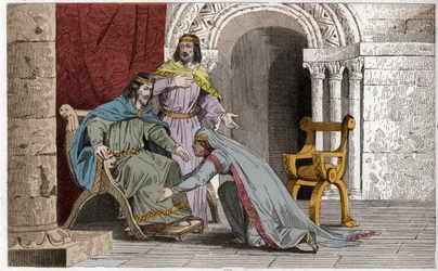 Emme kisses the knee of her husband Raoul in recognition of his sovereignty - Emma of France kissing the knees of her husband Raoul whom she chose as king during the captivity of Charles III the Simple - Engraving of 1825