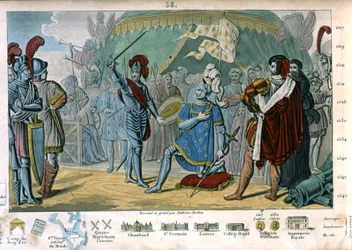 Francis I of France requesting to be knighted by the Chevalier Bayard after victory at the Battle of Marignano, Italy