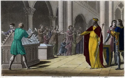 Grimoald, son of Pépin the Elder, Mayor of the Palace of Austrasia (642) under Sigebert III. Designed and engraved by Ambroise Tardieu in 1825