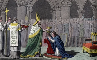 Louis III (863-882) and Carloman (865-884) crowned together - Louis III (c. 863 - 882) and Carloman (? - 884) are sacred and crowned on the same day (in 879) in the Abbey of Ferrières in Gâtinais - Designed and engraved by Ambroise Tardieu in 1825