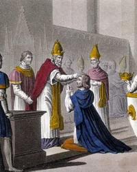 Louis II was consecrated a second time at the Council of Troyes by John VIII in 879 (detail). Designed and engraved by Ambroise Tardieu in 1825