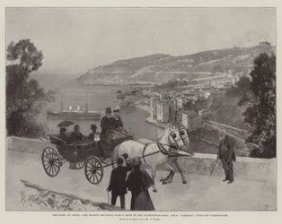 The Queen at Cimiez, Her Majesty returning from a Drive by the Villefranche Road, HMS Cambrian lying off Villefranche