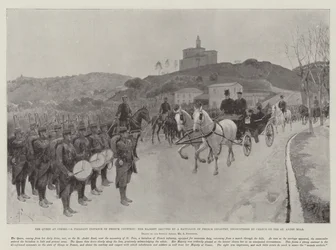 The Queen at Cimiez, a Pleasant Instance of French Courtesy, Her Majesty saluted by a Battalion of French Infantry, encountered by chance on the St Andre Road