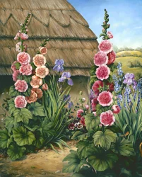 Cottage Garden with Hollyhocks, 1995