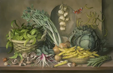 Garlic and radishes and a peacock butterfly, 1997