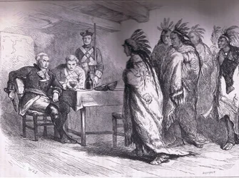 Visit of Pontiac and the Indians to Major Gladwin 1763, illustration from Cassells History of the United States