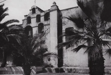 California: Bells of Mission San Gabriel, founded 1771, on the slopes of poppy-clad foothills near Pasadena