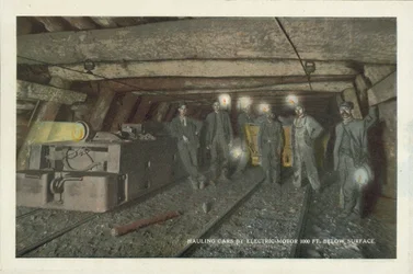 American Coal Mining: Hauling Cars by Electric Motor 1000 ft Below Surface