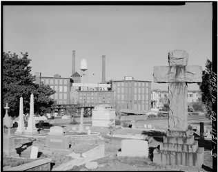 Cabbagetown District (General Views), Boulevard, Pearl Street, Memorial Drive, & Railroad tracks, Atlanta, Fulton County, GA (b/w photo)