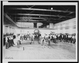 Male Native American students in physical education class, Carlisle Indian School, Pennsylvania, c.1901-03