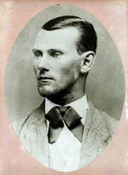 Portrait of the criminal Jesse James (1847-1882) shortly before his death. Photography 1882.