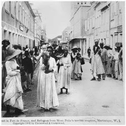 Street in Fort de France with refugees after the eruption of Mont Pelee, Martinique, published by Underwood and Underwood, 1902